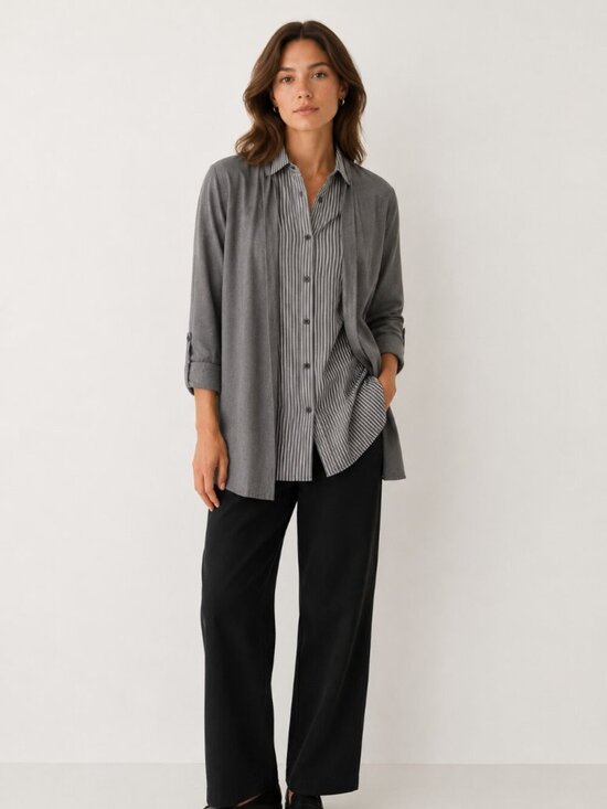 Nissen Tops - Japanese Nissen Mori-Kei Faux-Layered 2-in-1 Longline Cardigan Shirt